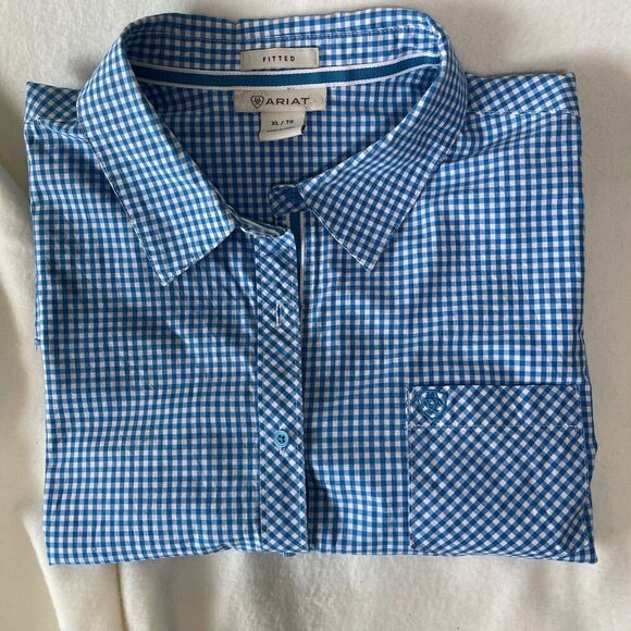 Ariat Women's Size XL Fitted Pink/Blue Plaid LS Western Shirt Embroidered Logos - Picture 8 of 8